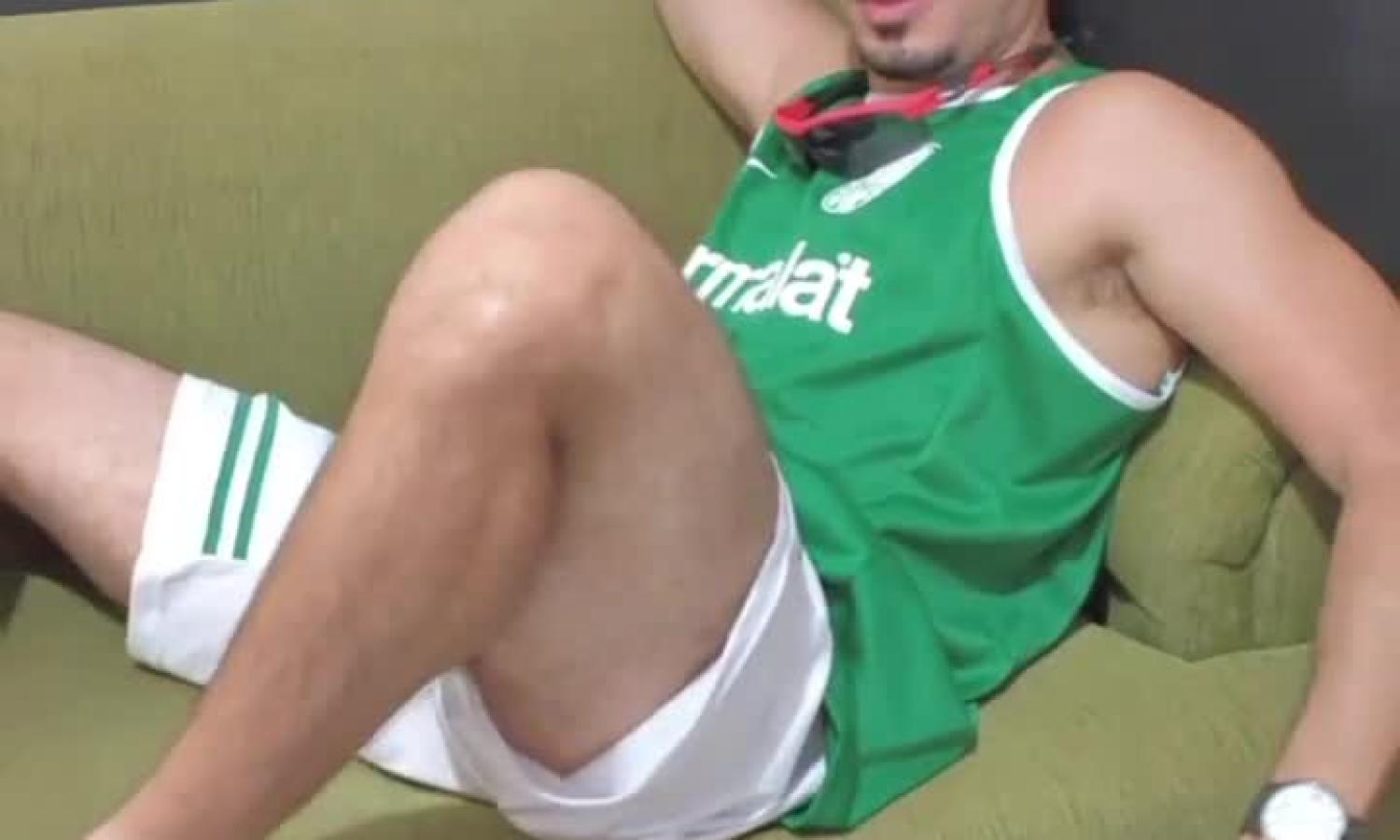Latin guy jerks his curved cock