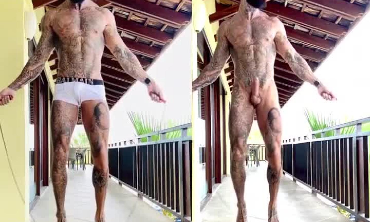 Tatted fitness instructor jump ropes naked